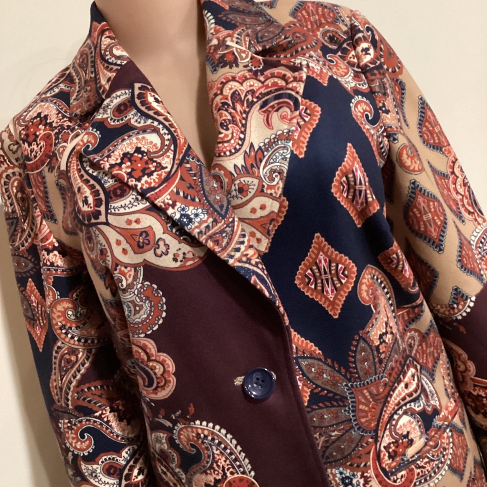 Chicos Paisley Print Drama Coat Longline Blazer Coat Burgundy Navy Blue Size 0